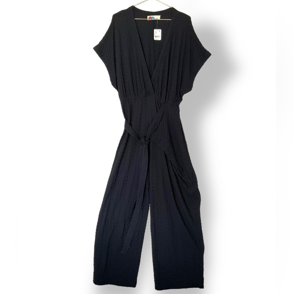Free People Beach Wide Leg Tie Waist V-Neck Black Jumpsuit Size Medium